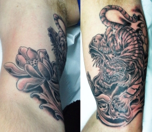 Tiger and lotus half sleeve in progress (7)